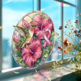 Hummingbird and Hibiscus Acrylic Suncatcher, Pink Ribbon Breast Cancer Awareness Window Panel, Floral Stained Glass Style DÃ©cor