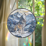 Howling Wolf Stained Glass Suncatcher, Round Mountain Scene Window Panel, Wilderness Animal Art Gift for Nature Lover Home Decor