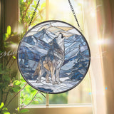 Howling Wolf Stained Glass Suncatcher, Round Mountain Scene Window Panel, Wilderness Animal Art Gift for Nature Lover Home Decor