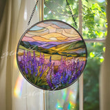 Lavender Field Stained Glass Suncatcher, Round Sunset Landscape Window Panel, Purple Flower Nature Art Gift for Home Decor