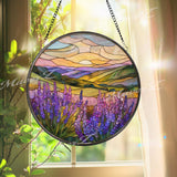 Lavender Field Stained Glass Suncatcher, Round Sunset Landscape Window Panel, Purple Flower Nature Art Gift for Home Decor