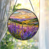 Lavender Field Stained Glass Suncatcher, Round Sunset Landscape Window Panel, Purple Flower Nature Art Gift for Home Decor