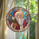 Santa Claus Stained Glass Suncatcher, Round Christmas Window Panel, Holiday Santa Art Gift for Festive Home Winter Decor
