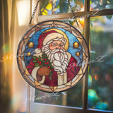 Santa Claus Stained Glass Suncatcher, Round Christmas Window Panel, Holiday Santa Art Gift for Festive Home Winter Decor