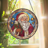 Santa Claus Stained Glass Suncatcher, Round Christmas Window Panel, Holiday Santa Art Gift for Festive Home Winter Decor
