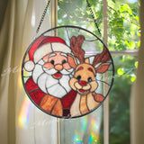 Santa and Reindeer Stained Glass Suncatcher, Round Christmas Window Panel, Festive Holiday Art Gift for Winter Home Decor
