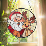 Santa and Reindeer Stained Glass Suncatcher, Round Christmas Window Panel, Festive Holiday Art Gift for Winter Home Decor