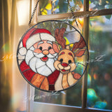 Santa and Reindeer Stained Glass Suncatcher, Round Christmas Window Panel, Festive Holiday Art Gift for Winter Home Decor