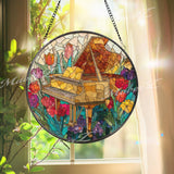 Grand Piano Stained Glass Suncatcher, Round Floral Music Window Panel, Colorful Flower Art Gift for Music Lover Home Decor
