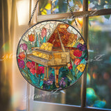 Grand Piano Stained Glass Suncatcher, Round Floral Music Window Panel, Colorful Flower Art Gift for Music Lover Home Decor