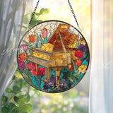 Grand Piano Stained Glass Suncatcher, Round Floral Music Window Panel, Colorful Flower Art Gift for Music Lover Home Decor