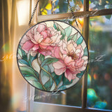 Peony Flower Stained Glass Suncatcher, Round Floral Window Panel, Pink Blossom Art Gift for Nature Lover Home Decor