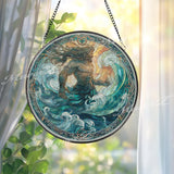 Poseidon Stained Glass Suncatcher, Round Ocean God Window Panel, Mythology Sea Wave Art Gift for Nautical Home Decor