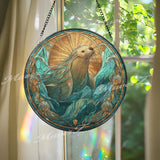 Sea Otter Stained Glass Suncatcher, Round Ocean Animal Window Panel, Marine Life Art Gift for Coastal or Nautical Home Decor