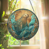 Sea Otter Stained Glass Suncatcher, Round Ocean Animal Window Panel, Marine Life Art Gift for Coastal or Nautical Home Decor