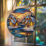 Winter Village Stained Glass Suncatcher, Round Snowy Cottage Window Panel, Christmas Landscape Art Gift for Cozy Holiday Home