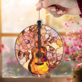 Guitar and Flowers Acrylic Suncatcher, Round Stained Glass Style Music Window Art, Floral Music Lover Gift for Home Decor