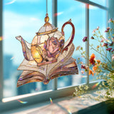 Teapot and Book Acrylic Suncatcher, Rose Floral Window Decor, Stained Glass Style Tea Lover Gift for Cozy Reading Home