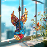 Winged Guitar Acrylic Suncatcher, Angel Music Window Decor, Stained Glass Style Guitar Art Gift for Musician Studio or Home Decoration