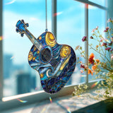 Starry Night Guitar Acrylic Suncatcher, Van Gogh Inspired Music Window Decor, Blue Yellow Stained Glass Style Art Gift for Music Lover