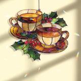 Holiday Tea Cup Acrylic Suncatcher, Festive Holly & Berries Window Decor, Cozy Christmas Coffee Cup Stained Glass Style Gift