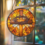 Cross and Crown of Thorns Stained Glass Suncatcher, Round Christian Window Panel, Easter Sunburst Glass Art Home Decor Gift