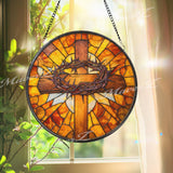 Cross and Crown of Thorns Stained Glass Suncatcher, Round Christian Window Panel, Easter Sunburst Glass Art Home Decor Gift