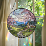 Cottage Landscape Stained Glass Suncatcher, Round Spring Blossom Window Panel, Mountain Sunset Glass Art Home Decor Gift