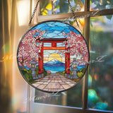 Japanese Torii Gate Stained Glass Suncatcher, Round Mount Fuji Window Panel, Cherry Blossom Sunset Glass Art Home Decor Gift
