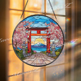 Japanese Torii Gate Stained Glass Suncatcher, Round Mount Fuji Window Panel, Cherry Blossom Sunset Glass Art Home Decor Gift