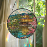 Japanese Temple Stained Glass Suncatcher, Round Kinkakuji Window Panel, Cherry Blossom Pond Glass Art Home Decor Gift