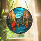 Sailboat Lake Stained Glass Suncatcher, Round Mountain Sunset Window Panel, Nature Landscape Glass Art Home Decor Gift
