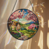 Cottage Garden Stained Glass Suncatcher, Round Spring Landscape Window Panel, Floral Mountain View Glass Art Home Decor Gift