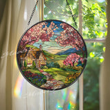 Cottage Garden Stained Glass Suncatcher, Round Spring Landscape Window Panel, Floral Mountain View Glass Art Home Decor Gift