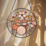 Drum Set Stained Glass Suncatcher, Round Musician Window Panel, Floral Band Instrument Glass Art Home Studio Decor Gift