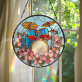 Blue Drum Set Stained Glass Suncatcher, Round Music Window Panel, Floral Band Instrument Glass Art Home Studio Decor Gift