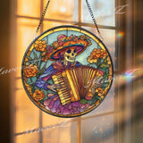 Day of the Dead Stained Glass Suncatcher, Round Skeleton Musician Window Panel, Mexican Folk Art Glass Home Decor Gift
