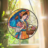 Lady with Parasol Stained Glass Suncatcher, Round Vintage Woman Window Panel, Floral Basket Glass Art Home Decor Gift