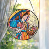 Lady with Parasol Stained Glass Suncatcher, Round Vintage Woman Window Panel, Floral Basket Glass Art Home Decor Gift