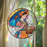 Lady with Parasol Stained Glass Suncatcher, Round Vintage Woman Window Panel, Floral Basket Glass Art Home Decor Gift