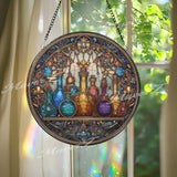 Potion Bottles Stained Glass Suncatcher, Round Fantasy Alchemy Window Panel, Wizard Lab Glass Art Home Decor Gift