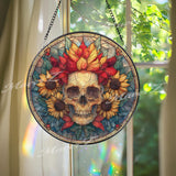 Skull Sunflower Stained Glass Suncatcher, Round Gothic Floral Window Panel, Day of the Dead Glass Art Home Decor Gift