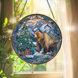 Bear Christmas Stained Glass Suncatcher, Round Winter Mountain Window Panel, Holiday Forest Glass Art Home Decor Gift