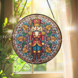 Nutcracker Stained Glass Suncatcher, Round Christmas Window Panel, Holiday Soldier Glass Art Home Decor Gift