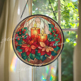 Christmas Candle Stained Glass Suncatcher, Round Poinsettia Holiday Window Panel, Festive Glass Art Home Decor Gift
