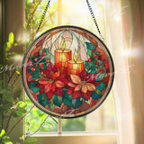 Christmas Candle Stained Glass Suncatcher, Round Poinsettia Holiday Window Panel, Festive Glass Art Home Decor Gift