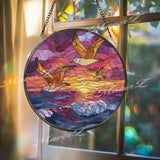 Seagull Sunset Stained Glass Suncatcher, Round Ocean Wave Window Panel with Flying Birds, Coastal Beach Nature Home Decor Gift
