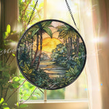 Jungle Sunset Stained Glass Suncatcher, Round Tropical Forest River Window Panel with Palm Trees, Exotic Nature Home Decor Gift