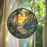 Jungle Sunset Stained Glass Suncatcher, Round Tropical Forest River Window Panel with Palm Trees, Exotic Nature Home Decor Gift