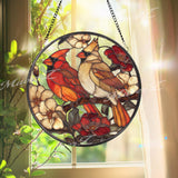 Cardinal Stained Glass Suncatcher, Round Red and Yellow Bird Window Panel with Flowers, Nature Inspired Wildlife Home Decor Gift